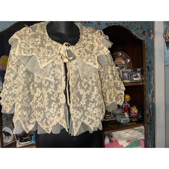 ANTIQUE 30's/40's PALEST BLUE/GRAY LAYERED LACE MESH ORGANDY BEDJACKET CARDIGAN - Picture 9 of 14